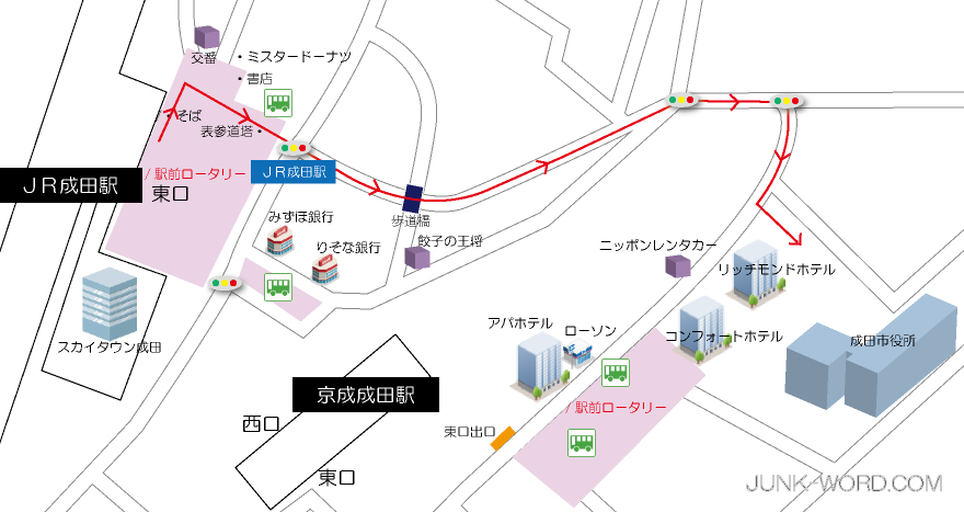 JR成田駅から成田市役所までの行き方地図